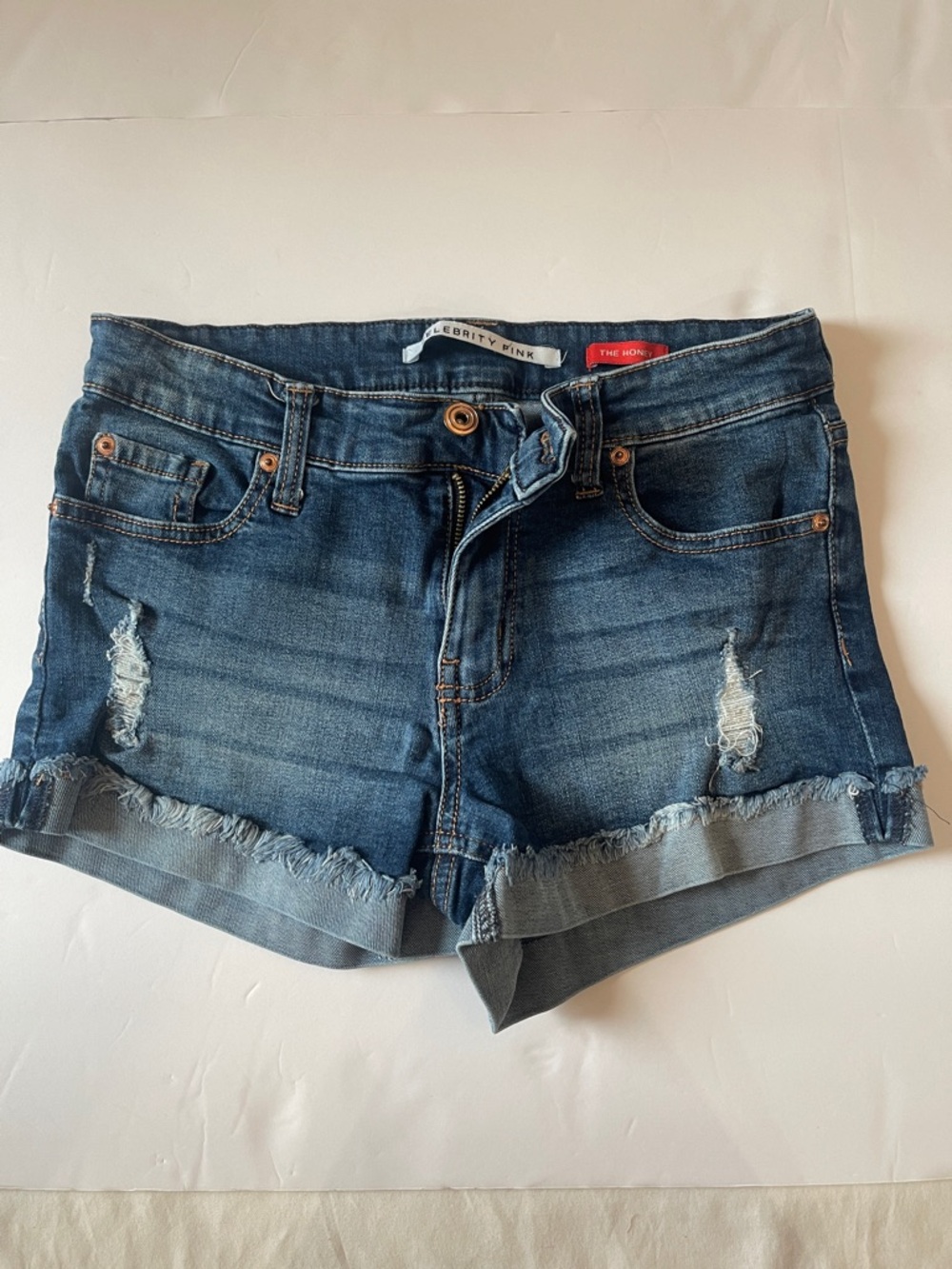 Celebrity Pink Distressed Dark Blue Denim Shorts